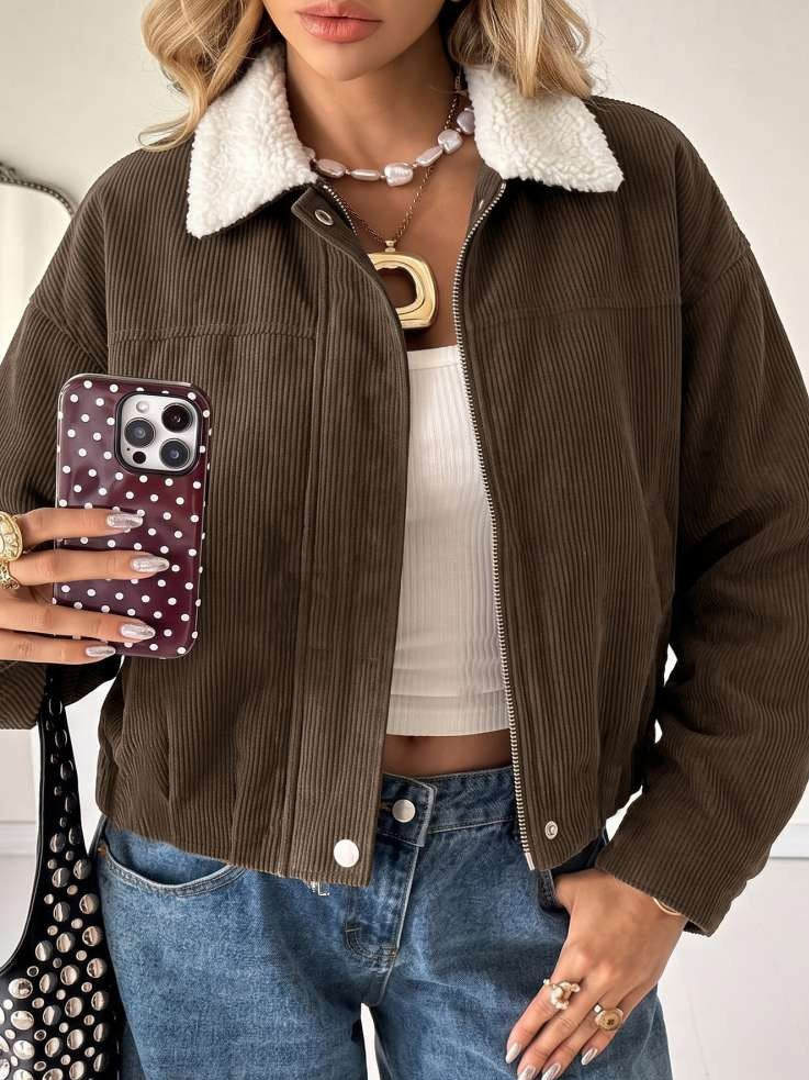 Winter Style Colorblock Lapel Corduroy Coat