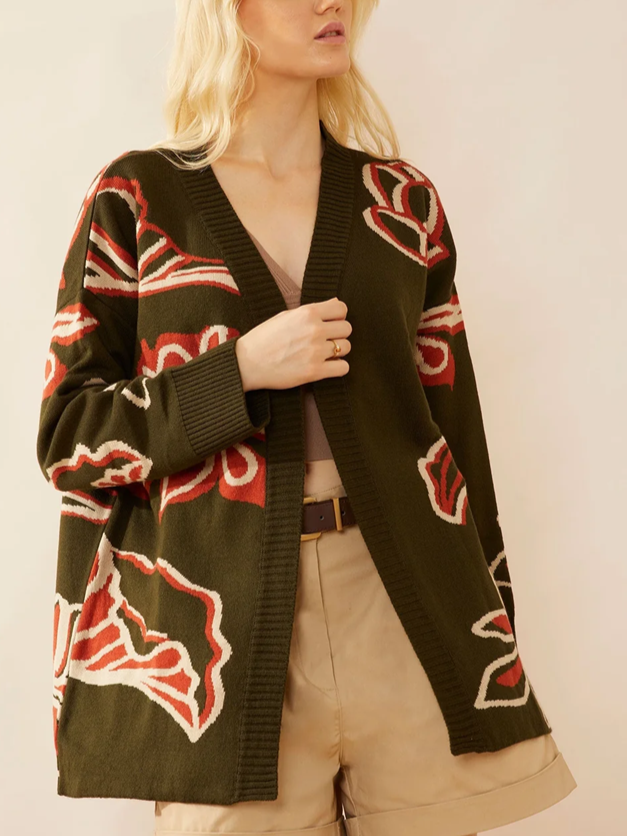 Winter Style Floral Green Cardigan