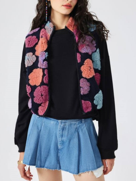 Winter Style Flower Zipper Cropped Black Vest