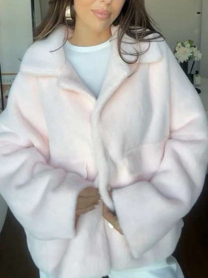 Winter Style Fluff Solid Single Breasted Pink Coat