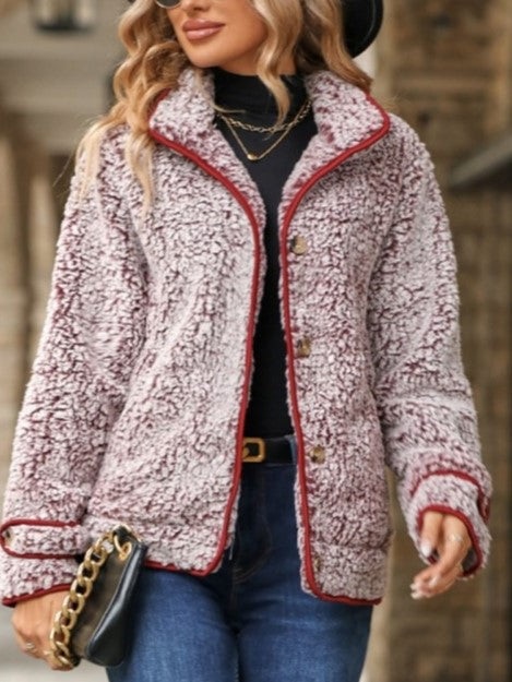 Winter Style Gradient Button Up Burgundy Fluff Coat