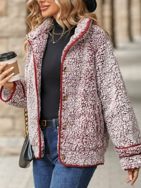 Winter Style Gradient Button Up Burgundy Fluff Coat