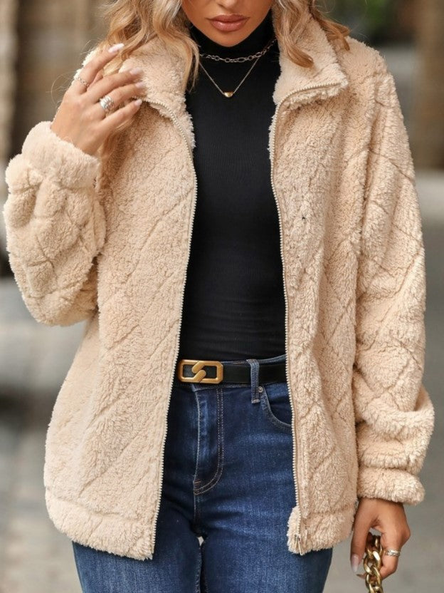 Winter Style Rhombus Lattice Lapel Neck Fluff Apricot Zipper Coat