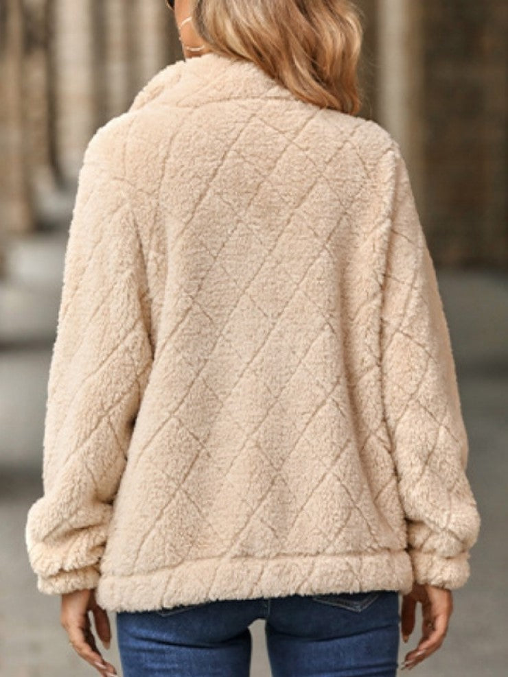 Winter Style Rhombus Lattice Lapel Neck Fluff Apricot Zipper Coat