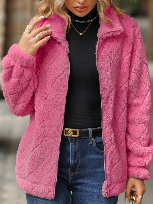 Winter Style Rhombus Lattice Lapel Neck Fluff Pink Zipper Coat