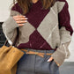 Winter Style Rhombus Lattice V Neck Burgundy Pullover Sweater