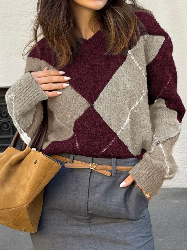Winter Style Rhombus Lattice V Neck Burgundy Pullover Sweater