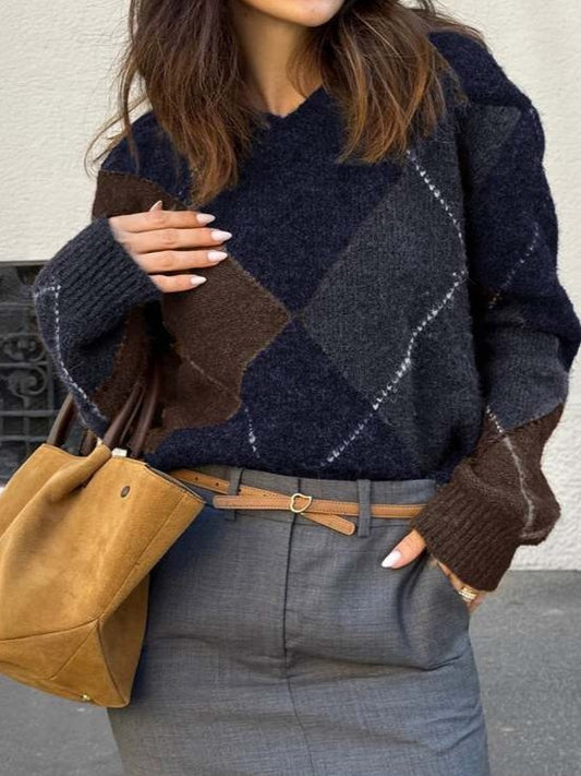 Winter Style Rhombus Lattice V Neck Blue Pullover Sweater