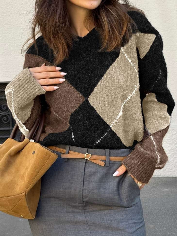 Winter Style Rhombus Lattice V Neck Black Pullover Sweater