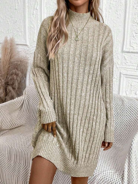 Winter Style Turtle Neck Long Sleeve Apricot Dress