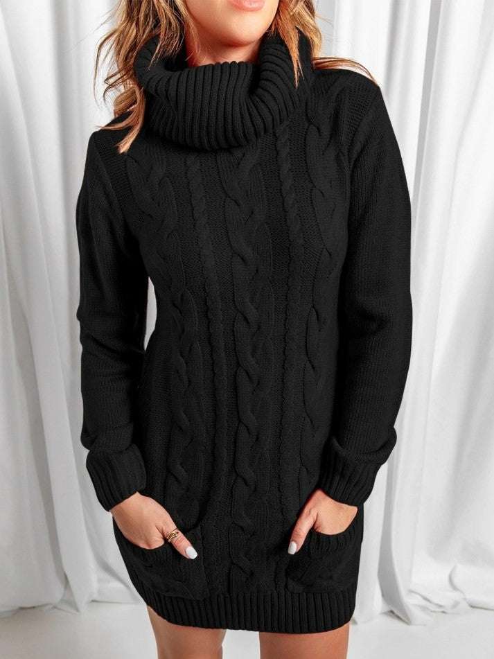 Winter Style Turtle Neck Long Sleeve Black Sweater Dress - Ships in 24 Hrs