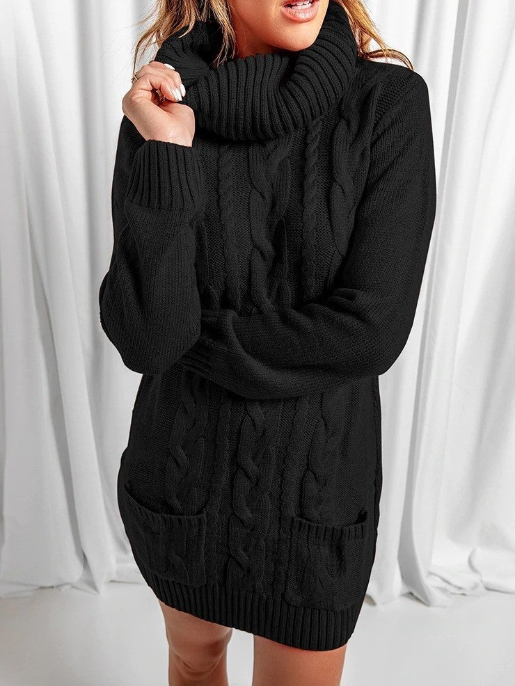 Winter Style Turtle Neck Long Sleeve Black Sweater Dress - Ships in 24 Hrs