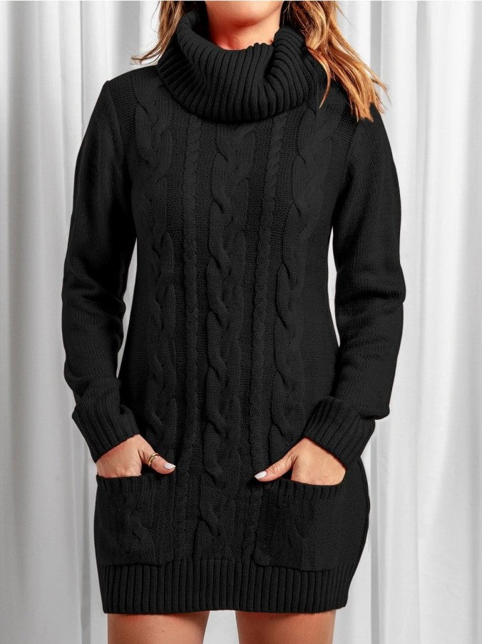 Winter Style Turtle Neck Long Sleeve Black Sweater Dress - Ships in 24 Hrs