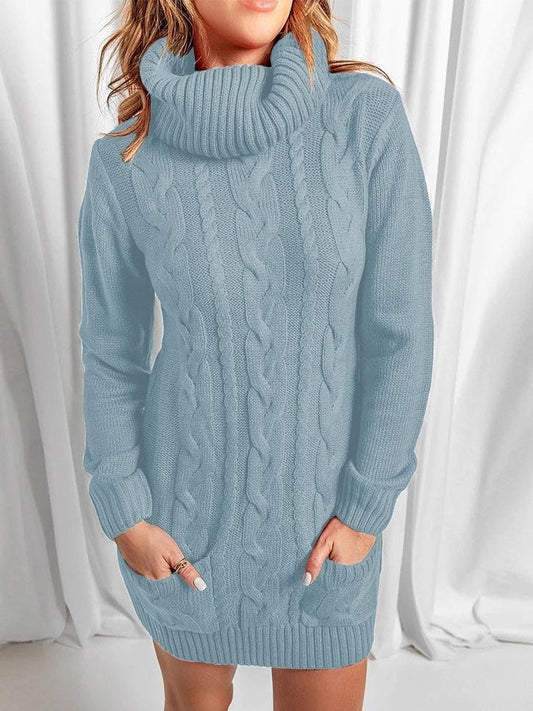 Winter Style Turtle Neck Long Sleeve Blue Sweater Dress - Ships in 24 Hrs
