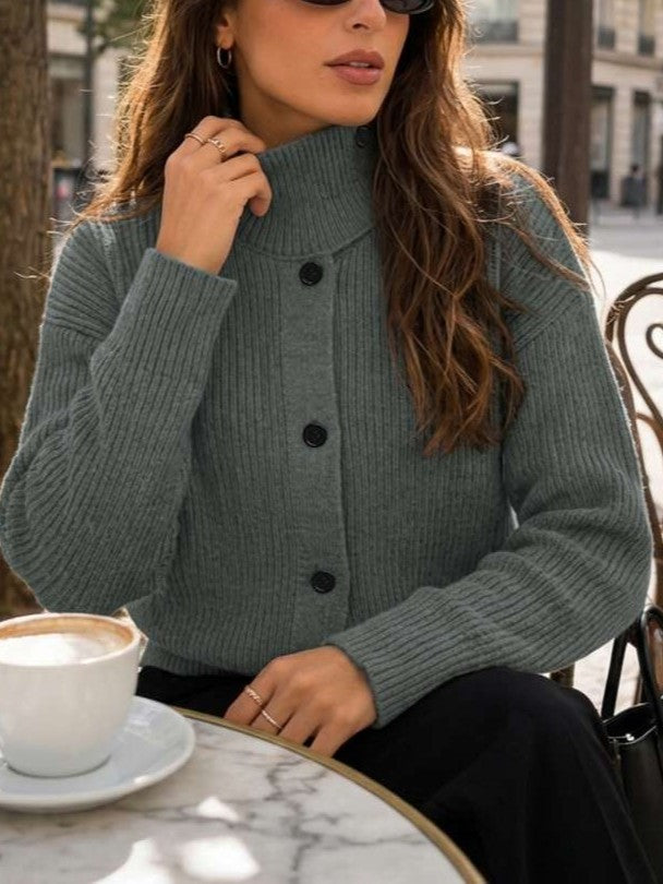 Winter Wear High Neck Button Grunge Grey Cardigan
