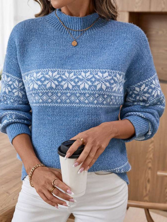 Winter Wear Snowflake Reindeer Mock Neck Long Sleeve Blue Sweater