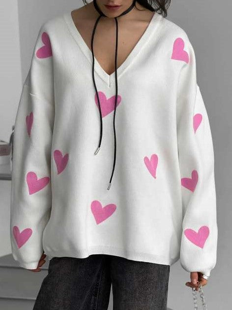 Winter Wear V Neck Long Sleeve Heart Sweater