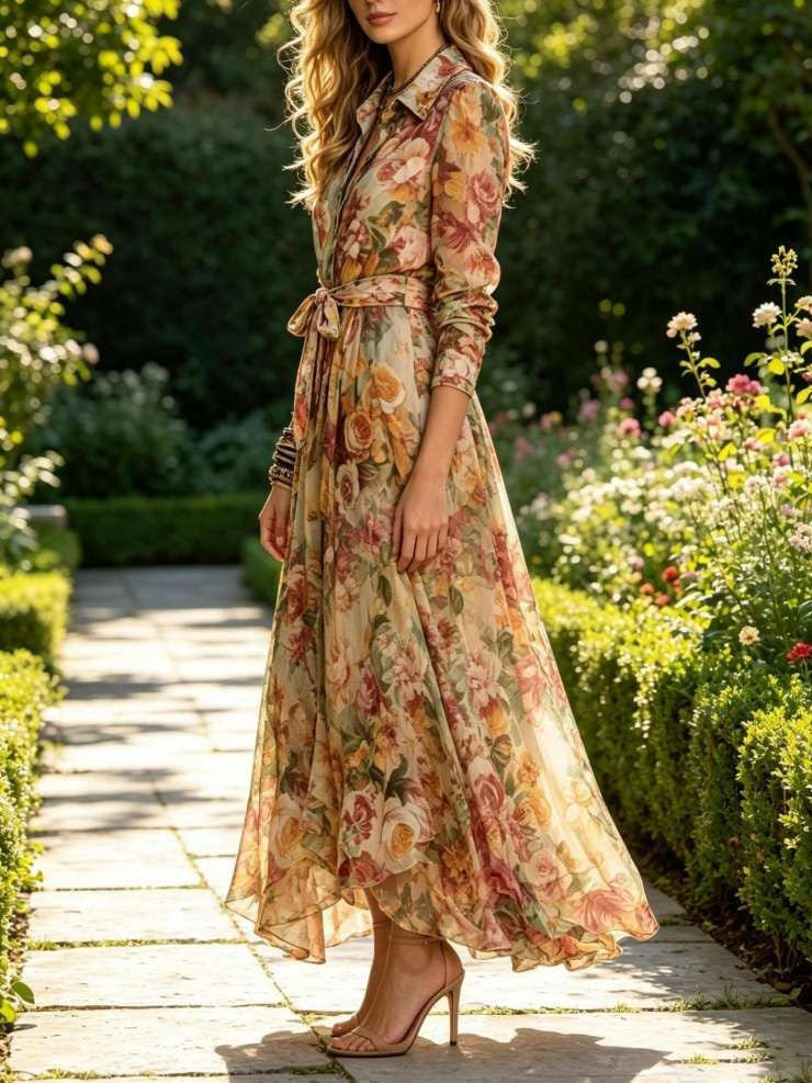 Beautiful Floral Tie Waist Long Sleeve Shirt Dress