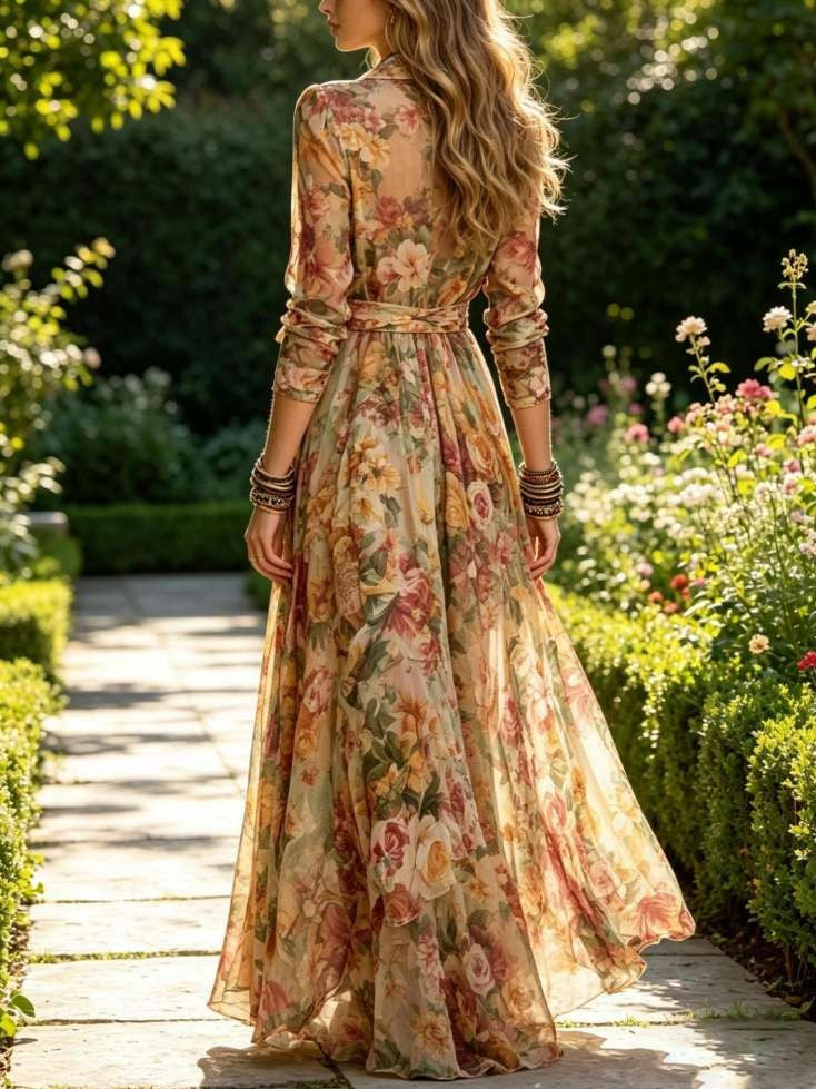 Beautiful Floral Tie Waist Long Sleeve Shirt Dress