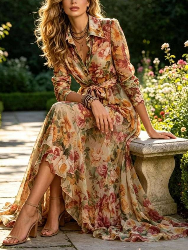 Beautiful Floral Tie Waist Long Sleeve Shirt Dress