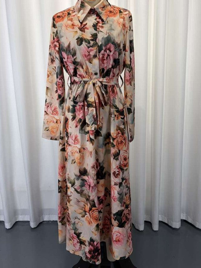 Beautiful Floral Tie Waist Long Sleeve Shirt Dress