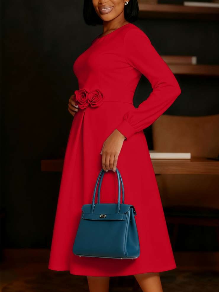 Beautiful Flower Decor Long Sleeve Swing Red Midi Dress