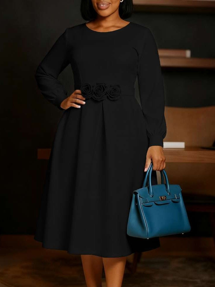 Beautiful Flower Decor Long Sleeve Swing Black Midi Dress
