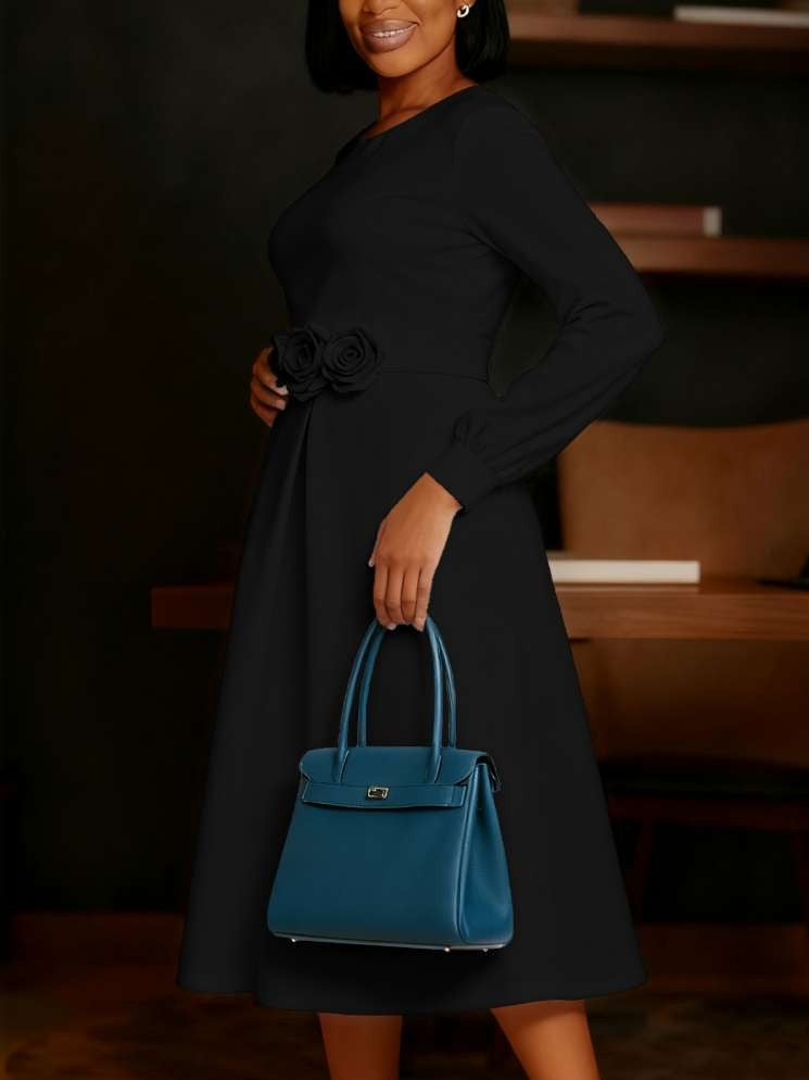 Beautiful Flower Decor Long Sleeve Swing Black Midi Dress