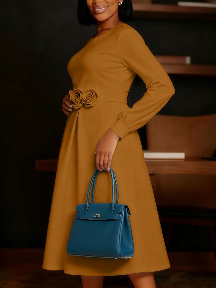 Beautiful Flower Decor Long Sleeve Swing Brown Midi Dress