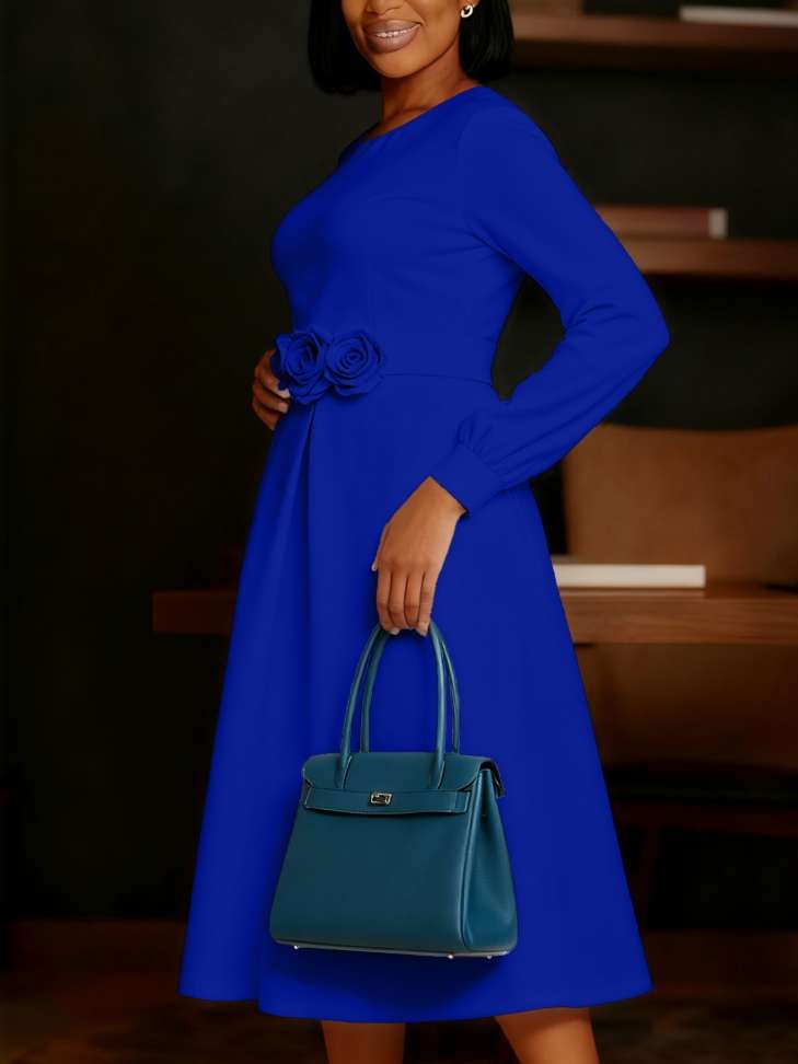 Beautiful Flower Decor Long Sleeve Swing Blue Midi Dress