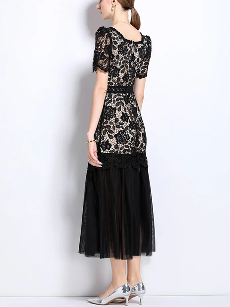 Beautiful Lace Mesh Short Sleeve High Waist Black Dress