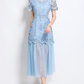 Beautiful Lace Mesh Short Sleeve High Waist Blue Dress
