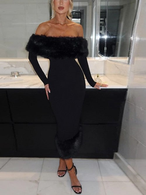 Beautiful Off Shoulder Black Fluff Split Maxi Dress