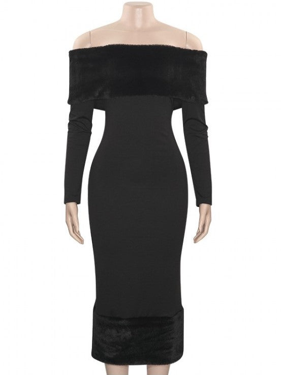 Beautiful Off Shoulder Black Fluff Split Maxi Dress