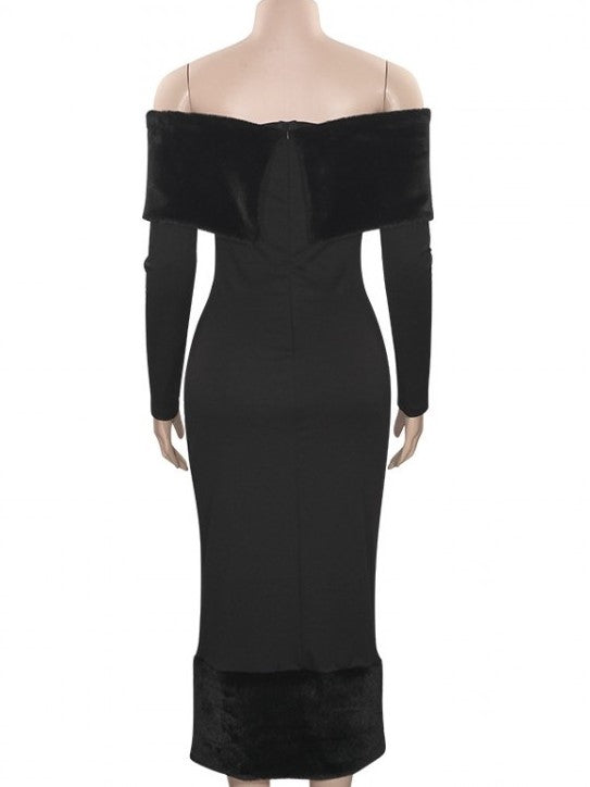 Beautiful Off Shoulder Black Fluff Split Maxi Dress