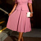 Beautiful Pleated Tailored Collar A Line Swing Pink Midi Dress
