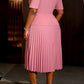 Beautiful Pleated Tailored Collar A Line Swing Pink Midi Dress