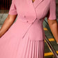 Beautiful Pleated Tailored Collar A Line Swing Pink Midi Dress