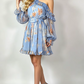 Bohemian Floral Print Asymmetric Shoulder Lantern Sleeve Ruffle Swing Dress