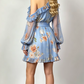Bohemian Floral Print Asymmetric Shoulder Lantern Sleeve Ruffle Swing Dress