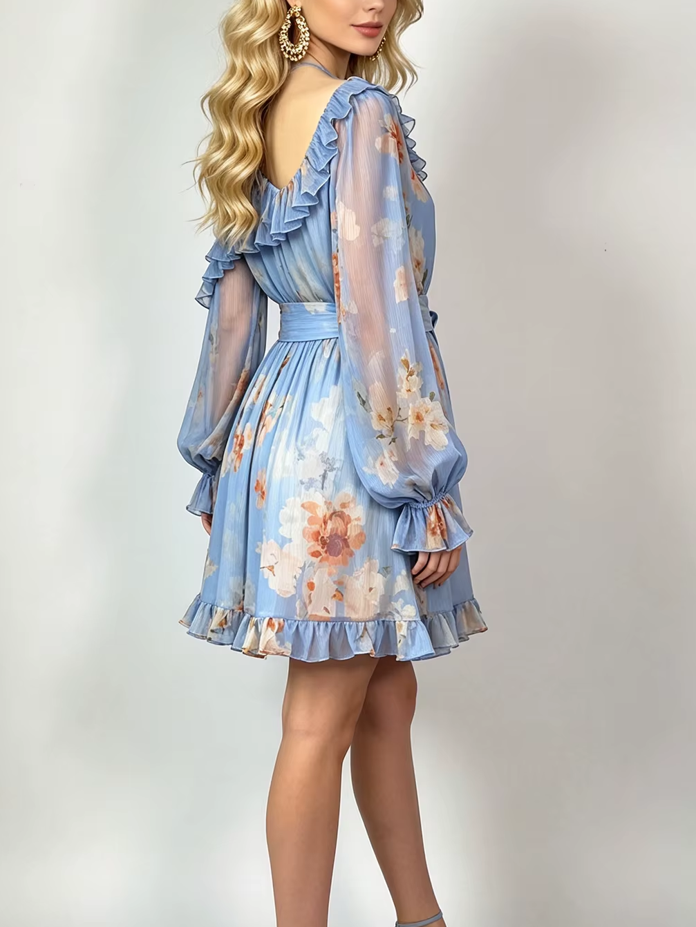 Bohemian Floral Print Asymmetric Shoulder Lantern Sleeve Ruffle Swing Dress