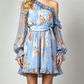 Bohemian Floral Print Asymmetric Shoulder Lantern Sleeve Ruffle Swing Dress