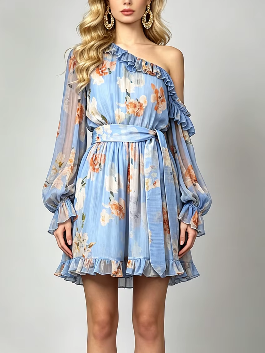 Bohemian Floral Print Asymmetric Shoulder Lantern Sleeve Ruffle Swing Dress
