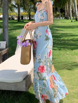 Bohemian French Style Floral Print Strap Holiday Dress