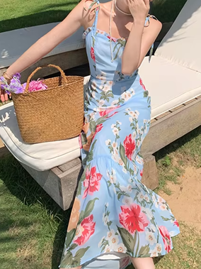 Bohemian French Style Floral Print Strap Holiday Dress