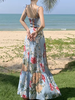Bohemian French Style Floral Print Strap Holiday Dress