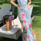 Bohemian French Style Floral Print Strap Holiday Dress