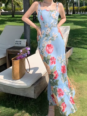 Bohemian French Style Floral Print Strap Holiday Dress