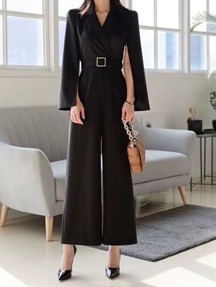 Business Style Long Wide Leg Black Jumpsuit