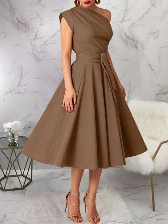 Charming One Shoulder Solid Pleated Sleeveless Brown Midi Dress